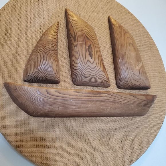 Mid-Century Carved Cedar and Burlap Wall Art Robbie Probert Atlantic Schooner - Picture 3 of 5